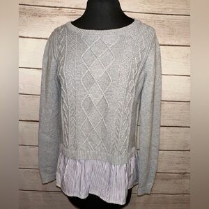 Crown & Ivy Gray Cable Knit  Trendy Sweater with Striped Hem XS, Office Wear,